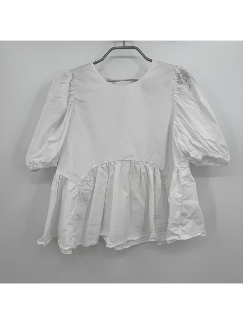 English Factory White Puff Sleeve Peplum Blouse size S Small Bow Tie Back PO